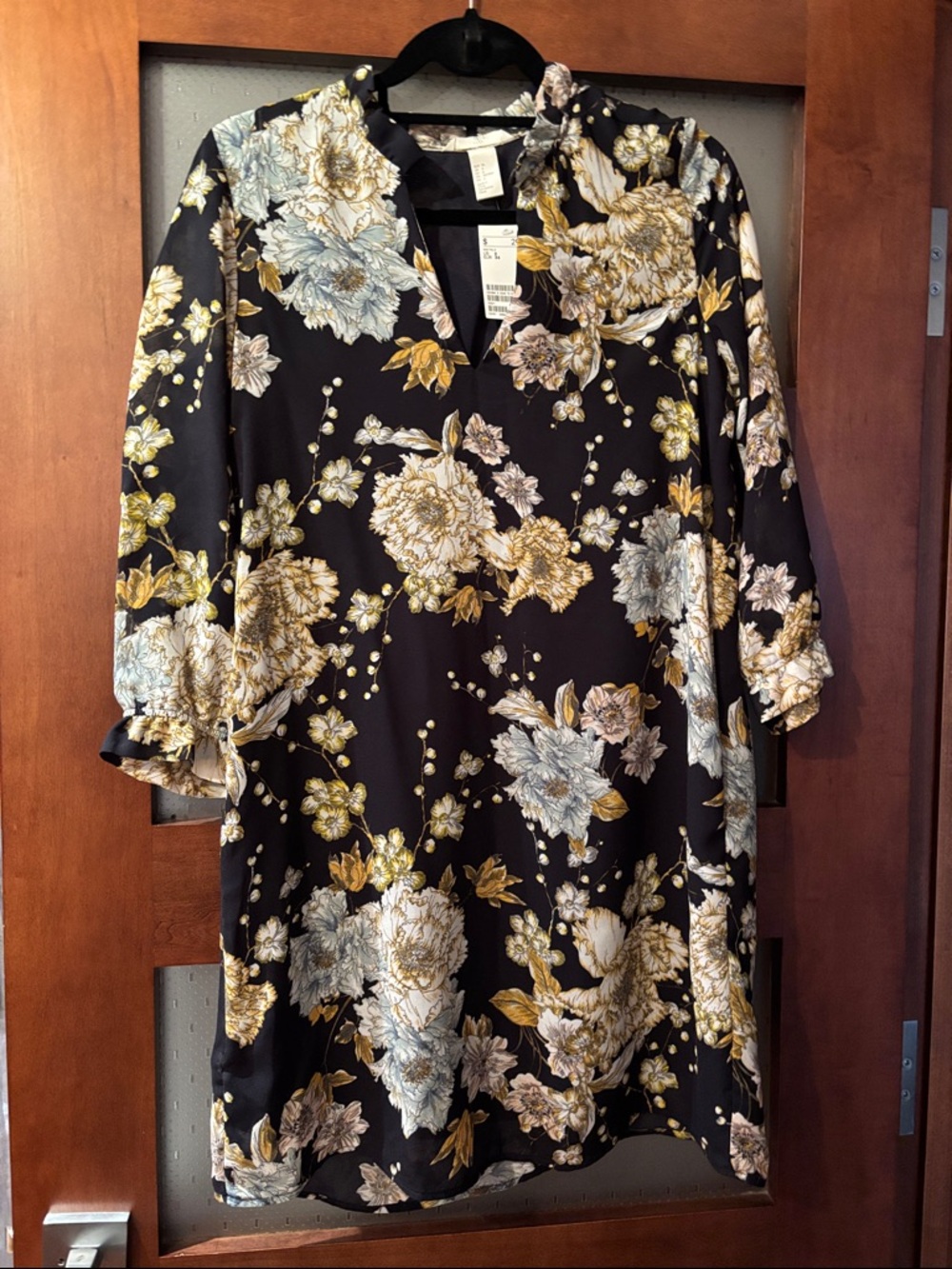 H&M Black Long Sleeve Floral Shift Dress with Yellow & Cream Accents